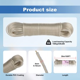 30 m Washing Line Extra Strong with Steel Core - Tear-Resistant and Rustproof Outdoor Washing Line, Maximum Load 150 kg, Ideal for Outdoors, Garden, Camping and as a Travel Washing Line.