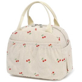 VelChic Lunch Bag for Women, Cute Corduroy Adult Insulated Lunch Box with Front Pocket, Small Leakproof Cooler Food Containers, Reusable Large Capacity Tote Bags for Work, Travel, Outdoor