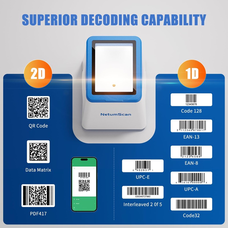 NetumScan Desktop Barcode Scanner, Omnidirectional QR Reader for Retail