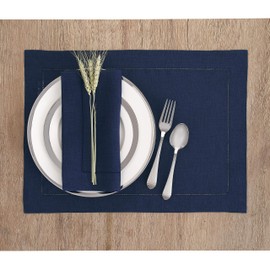 Solino Home Linen Placemats Set of 4 - Classic Hemstitch Navy Placemats 14 x 19 Inch - 100% Pure Linen Table Mats for Summer