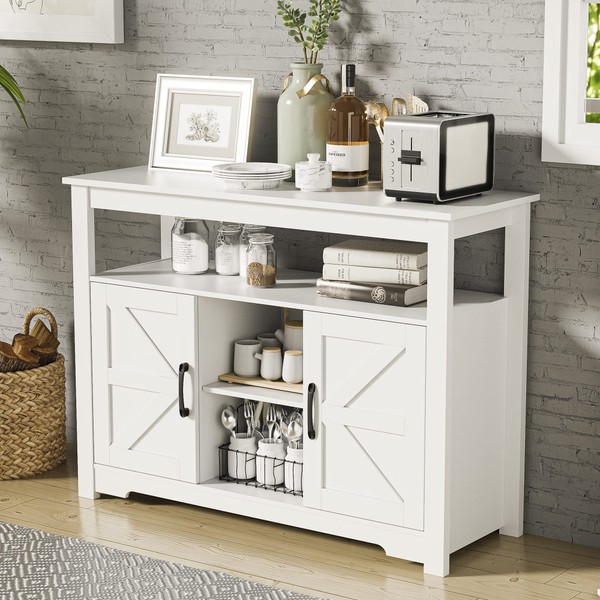Cozy Castle Farmhouse Kitchen Buffet Storage Cabinet with Doors and Adjustable Shelves, Buffet Table Sideboard, Accent Liquor Coffee Bar Cabinet for Kitchen, Living Room, Entryway, Dining Room, White