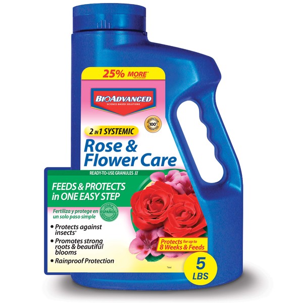 BioAdvanced 701100A 2-in-1 Systemic Rose & Flower Care Fertilizer, Insect Killer, 5-Pound, Granules