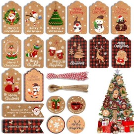 100 PCS Etiquetas de Regalo de Navidad, 20 Estilos Etiquetas Papel Kraft Navideñas para Regalo Colgantes con Cuerda, Apto para Bricolaje, Decoración de Regalos Navidad e Invierno o Arbol de Navidad