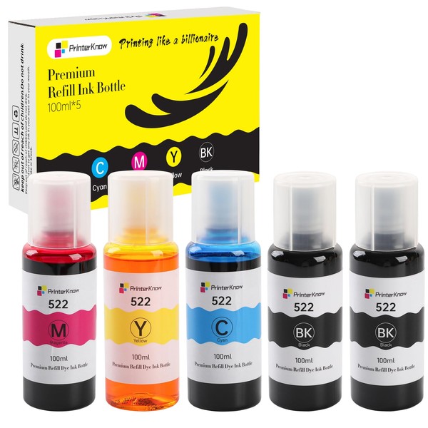 522 Ink Refill Bottles (5 Pack) Compatible with Ecotank ET-2800
