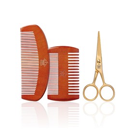 Red by Kiss RED Premium Beard Grooming Kit, 2 Premium Wood Combs & Professional Shear Set for Men, Complete Facial Hair Styling, Maintenance Kit with Ergonomic Design, Easy to Carry