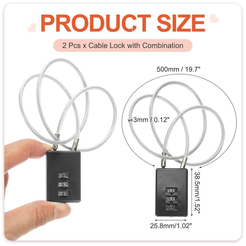 PATIKIL 3 Digit Cable Combination Lock, 2 Pcs Cable Lock