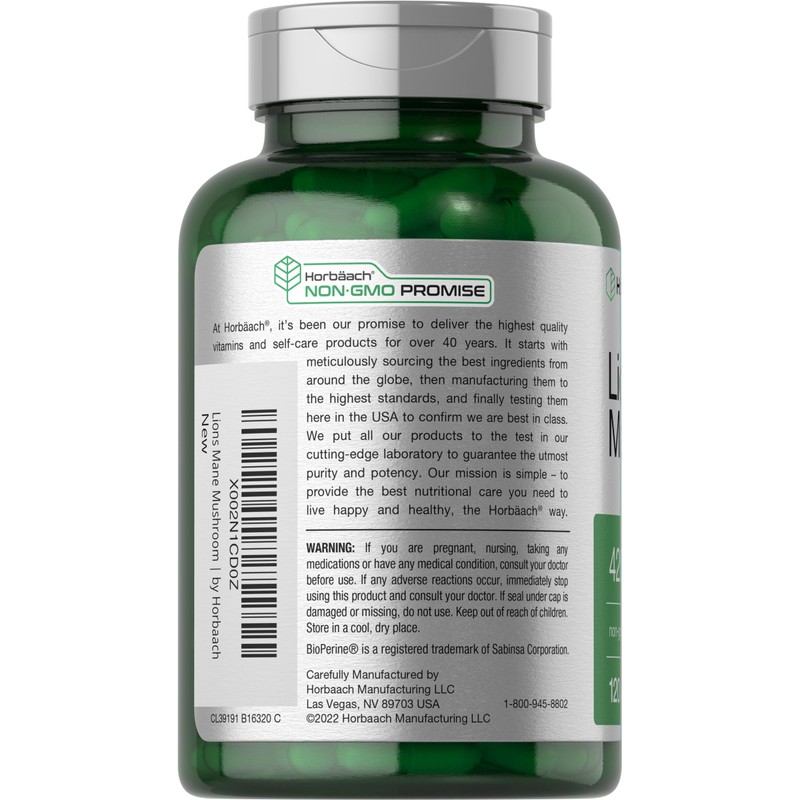 Horbäach Lions Mane Mushroom Extract | 120 Capsules | Vegetarian,