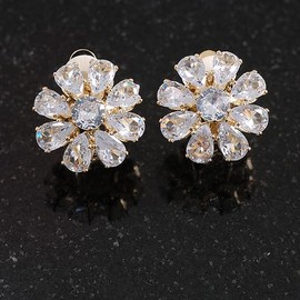 Clear Cz Flower Clip On Earrings in Gold Tone - 17mm Diameter