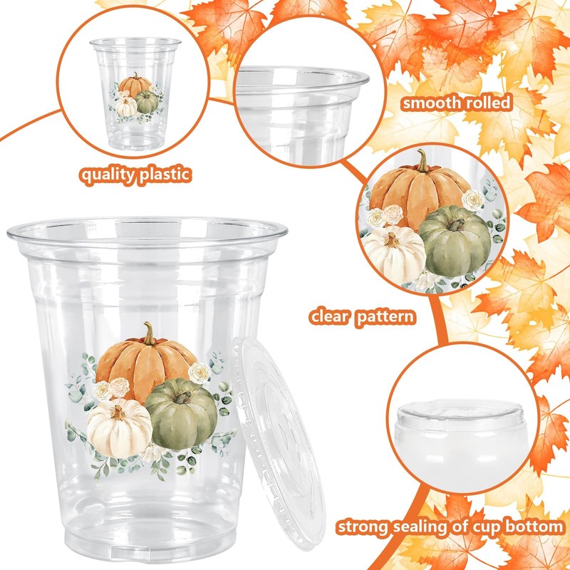 50Pcs Fall Plastic Cups with Lids Straws Pumpkin Floral Disposable