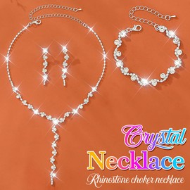 Reaky Bridal Jewelry Sets Silver Rhinestone Necklace 3 Pcs Bride Jewelry Necklaces for Wedding (Silver)