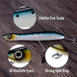 Dr.Fish Topwater Fishing Lure 5.5'' Walk The Dog Lure Jerkbait Bass Fishing Lure Freshwater VMC Treble Hooks Saltwater Lures Plug Poppers Striper Pike Catfish Surf Fishing Offshore Silver/Blue