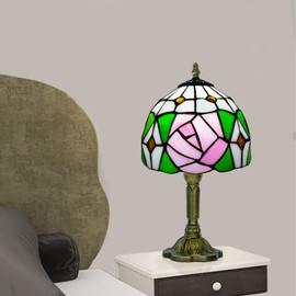 Nileatry Tiffany Style Table Lamp,Small Stained Glass Lamp,8x14 Inches Antique Art Deco Lamp,Pink Rose Tiffany Nightstand Lamp,for Bedroom Living Room Home