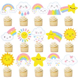 48pcs Rainbow Clouds Cupcake Toppers Sun Rainbow Cupcake Picks Sun Rainbow Stars Party Decorations for Boys Girls Rainbow Theme Baby Shower Birthday Party Decorations Supplies