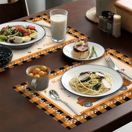 BIPASION Fall Placemats, Thanksgiving Plaid Gnomes Truck Placemats for Dining Table Set of 6, Washable Autumn Table Place Mats, Pumpkin Kitchen Table Mats for Indoors & Outdoors