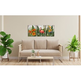 FuShvre 3 Pieces Tropical Wall Art Set Rustic Hibiscus Flower Flamingo and Tropical Flower Painting Hawaii Theme Home Office Wall Decor 12"x16" for Each