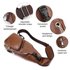 DONGKER Crossbody Sling Bag, Leather Waterproof Cross Body Chest Bag W/USB Charging Port& Earphone Hole for Women Men Hiking Travel