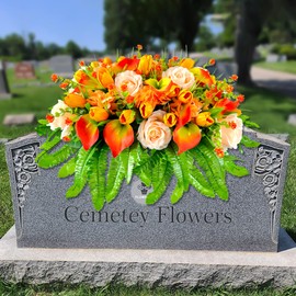 FLOWERIA Silk Grave Flowers for Cemetery Artificial Tulips Roses Sympathy Grave Arrangement for Headstone Flower Saddle