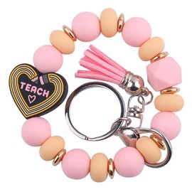 Phamines Heart-Shaped Teach Silicone Beads Wristlet Keychain,Cute Lanyard ID Badge Holder Keyring Bracelet for Teacher (Teacher Pink Wristlet Keychain)
