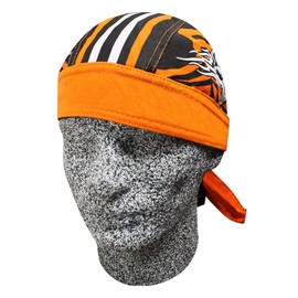 Black Orange Skull Pinstripe Flames Capsmith Biker Head Wrap Doo Rag Durag with Sweatband
