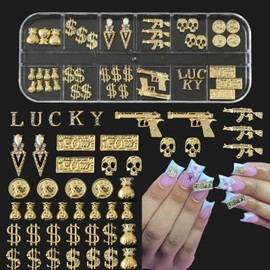 ZUMILLMN 46PCS 3D Gold Nail Charms for Alloy Nails,Set Nail Art Decoration with Gun, Dollar, Lucky Nail Stones Nail Jewels Accessories for Nail Art Supplies Manicure Craft DIY(Set 9)