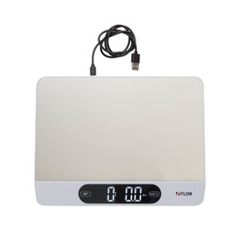 Taylor 22LB High Capacity Kitchen Food Scale with Stainless Steel Surface, Backlit Display, and USB Recharging Cord Included, White