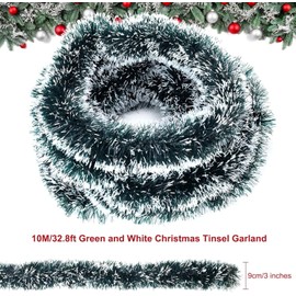 XIKTTK Christmas Tree Tinsel Garland, 10 m Christmas Garland, Shiny Garland Christmas, Garland Fir Green, Christmas Tree Decoration Christmas for Outdoor, Stairs, Fireplaces, Green White