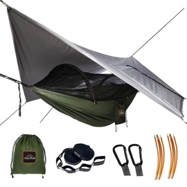 AnorTrek Camping Hammock with Mosquito Net and Rain Fly Tarp, Portable Double Hammock with Two Tree Straps, 230T Nylon Hammock and Waterproof Rain Fly Set for Hiking, Backpacking, Overnight (Green)