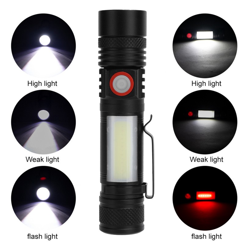 T6+COB Electric Torch Telescopic Zoom Powerful Flashlight Dual Light Sources