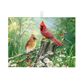 Red Bird Dish Drying Mats for Kitchen Counter, Absorbent Reversible Microfiber Dish Drying Pad, Multi-Use Large Drying Mat Coffee Bar Accessories 18"x24"