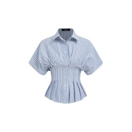 CIDER Women Collared Stripe Pleated Cinched Waist Cotton Blend Oversized Short Sleeve Shirts