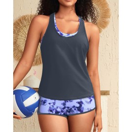 Yonique - Traje de baño deportivo tankini de 3 piezas para mujer con pantalones cortos, camisetas sin mangas con brasier deportivo y pantalones cortos, Azul (Blue Tie Dye), Small