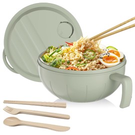 steo spce Large Ramen Bowl Set, 40 Oz Microwaveable Noodle Cooker with Leak-Proof Lids, Chopsticks, Spoon & Fork – Portable and Dishwasher Safe, Ideal for Home, Office, Dorm, or Gift Light (Green)