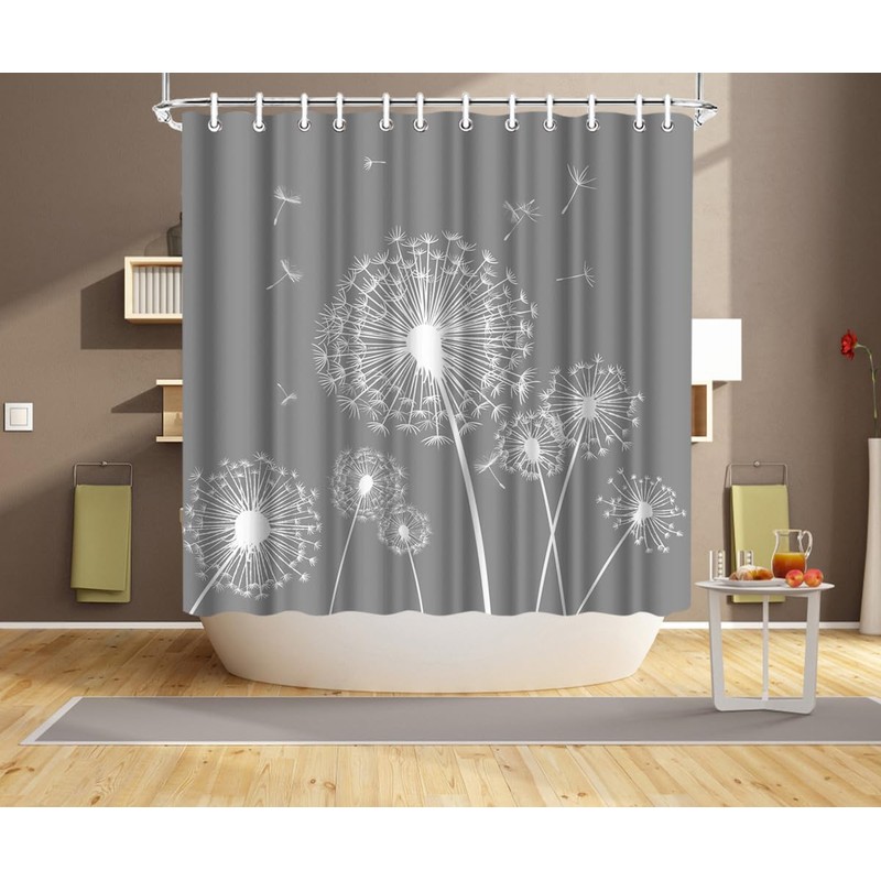 RnnJoile Dandelion Shower Curtain Grey and White Shower Curtain for