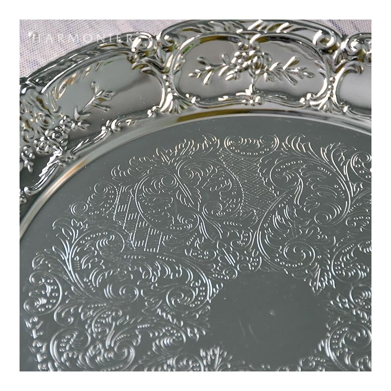 Silver Metal Arabesque Tray, Large, Round, Classic, Moroccan Interior, Stylish