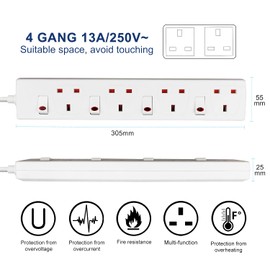 ExtraStar 4 Way Extension Lead, 13A/3120W Fused Power Strips UK Plug with Individual Indicator Switch (1M, White)