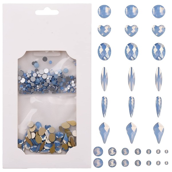 Tisslan 60pcs 6 Different Shapes Flatback Blue Opal Nail Rhinestones