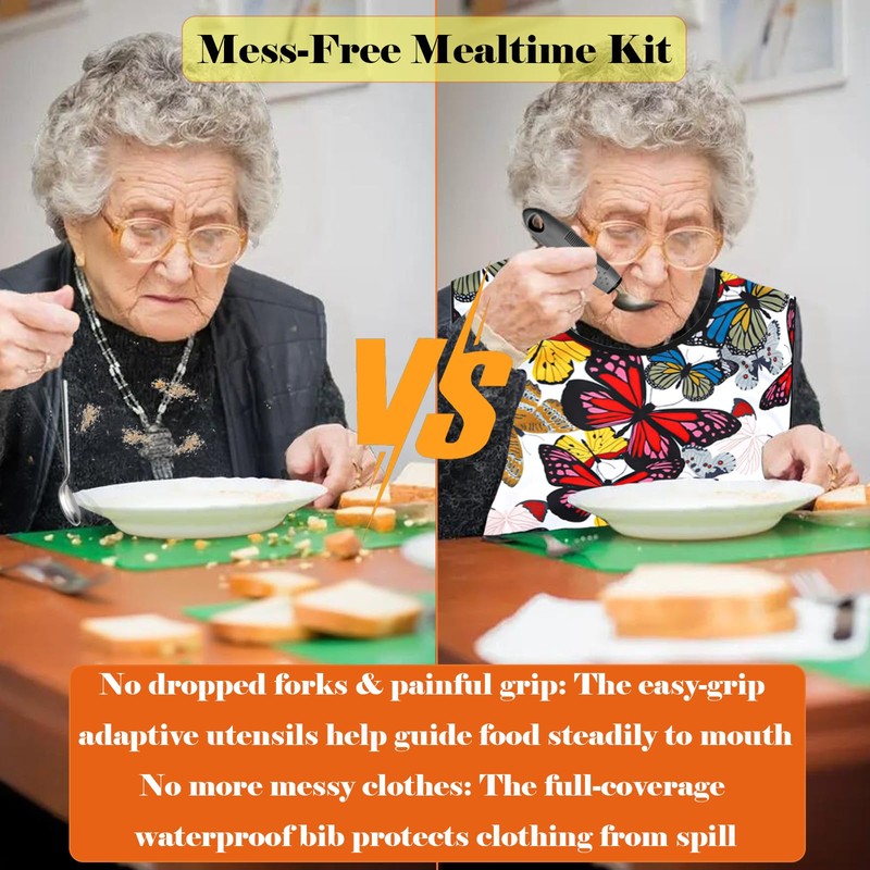 Adaptive Utensils with Adult Bib - 4pcs Weighted Utensils Set
