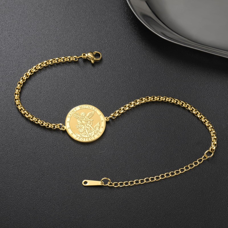 TEAMER Saint Michael Bracelet Stainless Steel St. Michael Box Chain
