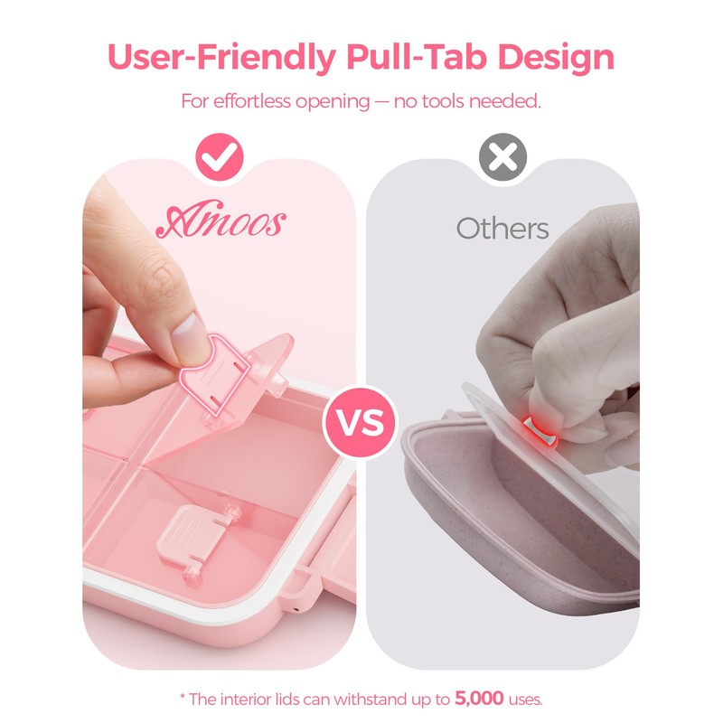 AMOOS Compact 3-Layer Travel Pill Organizer, Cute Pill Box Case