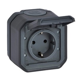 LEGRAND, Plexo New 069799L Surface-Mounted Socket Schuko Standard with Hinged Lid Contact Protection Plug-In Terminals 16 Amp 250 Volt IP44 IK07 Anthracite