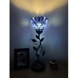 enjoy decor lamps Tiffany Torch Table Lamp Blue Stained Glass Baroque Style Lavender Iron Metal Leaves Bronze Base USB Ports Included LED Bulb for Living Room Dining Room Bedroom Bedside 6" W*20" H