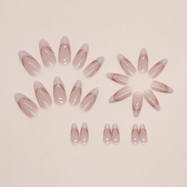 Press on Nails Tip Almond Medium, Artificial Fake Nails with Gold Lines Design, Full Cover Reusable Coffin Shaped Glossy False Nails, Nude Pink French Acrylic Nails, Glue on Nails for Women Set 24Pcs