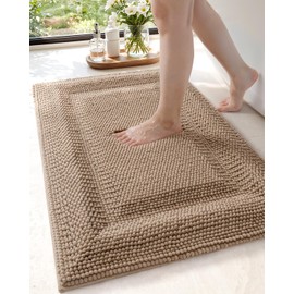 DEXI Bath Mats for Bathroom 24x36, Non Slip Washable Bathroom Rug, Thick Soft Chenille Absorbent Bathmat for Shower Floor, Fluffy Shaggy Carpet for Tub, Beige
