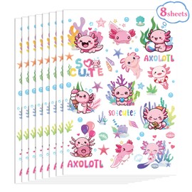 Pink Axolotl Temporary Tattoos for Kids - 8 Sheets Axolotls Birthday Party Favors Decorations Supplies Cute Reptile Animals Salamander Fake Tattoo Stickers for Girls Boys School Rewards Gifts