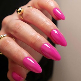 Hot Pink Press on Nails Almond Fake Nails Medium Almond False Nails Press ons with Designs Acrylic Nails Full Cover Glossy Glue on Nails Artificial Stick on Nails for Women Nails Decorations 24Pcs