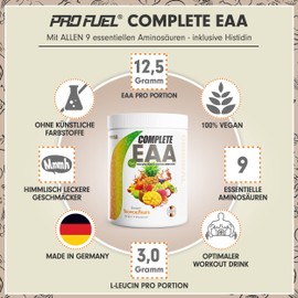 ProFuel EAA Pulver 2x500g TROPICAL FRUITS - 12.500mg essentielle Aminos?uren, unglaublich lecker & erfrischend, COMPLETE EAA mit allen 9 EAAs inkl. Histidin. EAA vegan Aminos?uren Pulver - Amino Workout Drink
