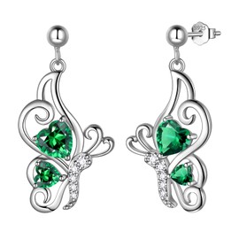 Green Butterfly Heart Studs Earrings Women 925 Sterling Silver Animal Butterflies May Created Emerald Birthstone Emerald Earring Stud Crystal Wedding Birthday Jewelry DE0251G