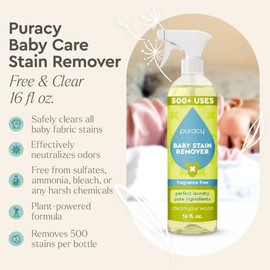 Puracy Stain Remover for Baby Clothes and Cloth Diapers, Newborn Baby Essentials Must Haves, Enzyme-Based Laundry Spray, Natural Spot and Odor Cleaner, 16 Oz