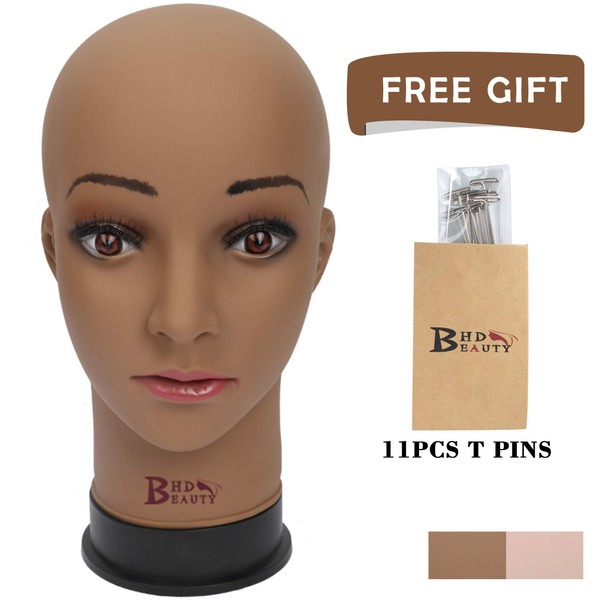BHD BEAUTY Bald Mannequin Head Brown Female Professional Cosmetology for Wig Making, Display wigs, eyeglasses, hairs with T pins 22''