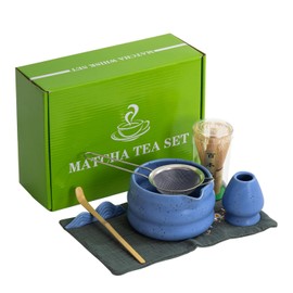 7Pcs Japanese Matcha Tea Set, Matcha Kit with Matcha Bowl (with Pouring Spout), Matcha Whisk, Whisk Holder, Strainer - Elegant Matcha Set for Gifting and Personal Use, Gift Box Packaging (blue)